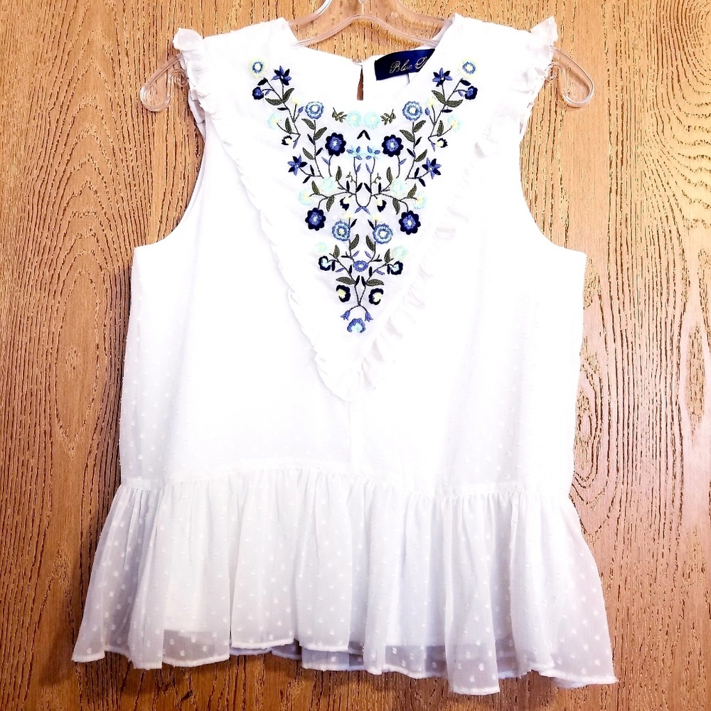 Blue Rain Embroidered Ruffle Sleeveless Blouse